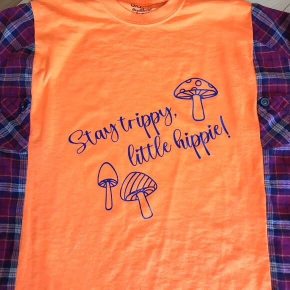 Reworked Flannel Tee, Plus Size: Upcycled Oversized Hippie Shirt, Mushrooms - Picture 9 of 11